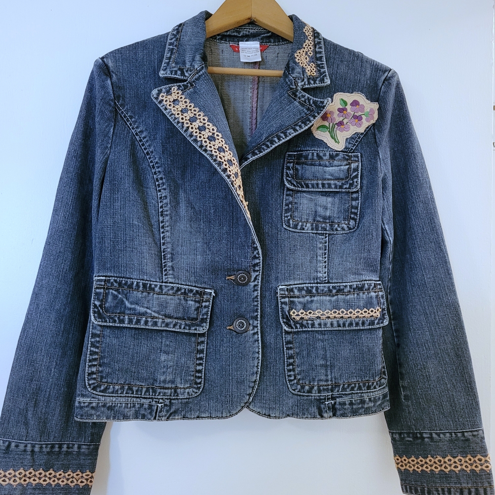 Blue Cropped Repurposed Vintage Jean Jacket with Floral Embellishments